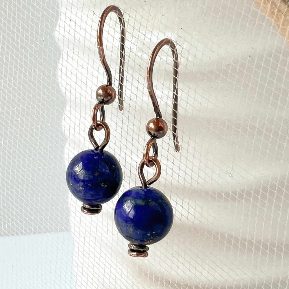 Blue Lapis Beaded Wire Wrap Copper Minimalist Earrings - Picture 4 of 11